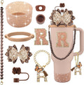 9PCS Brown for Stanley Cup Accessories Set Bling Initials Bow Charms for Stanley Decorations 30/40 Oz Tumbler Accessories Including Bow Straw Topper, Handle Strap, Spill Stopper（Letter R）