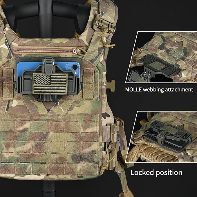 Tactical Gear Plate Carrier Vest Accessories, MOLLE Phone Chest Mount Holder for 6.0"-7.7" Screens, Quick-Release and Adjustable Tactical Phone Holder for Police Vest