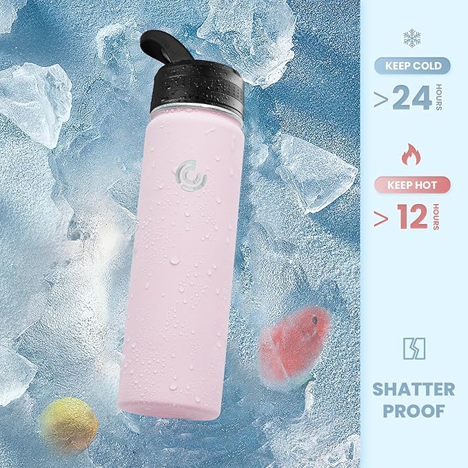 COKTIK 22oz Sports Water Bottle, Stainless Steel Water Bottle for Insulated, Reusable Travel Bottle, With Straw, With Handle Grip for Easy Carrying, Suitable for Cycling, Outdoor Vacations(Blush)