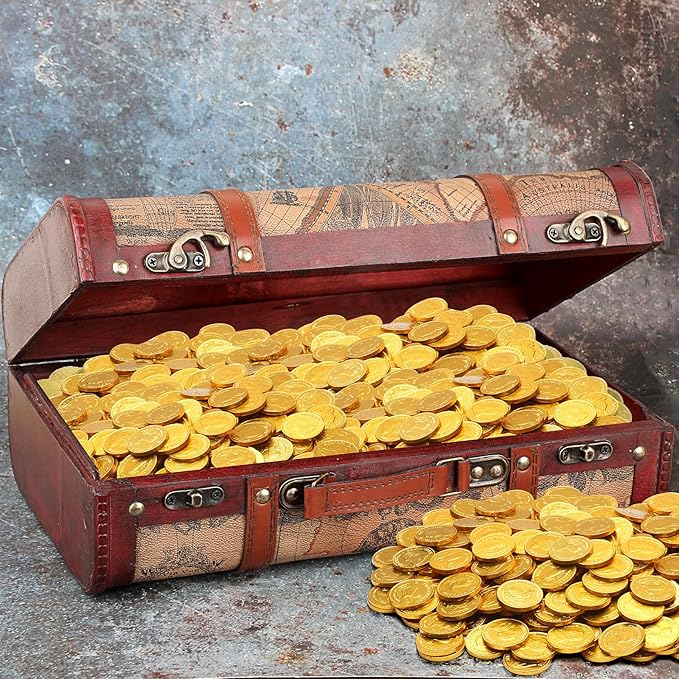 ELLDOO Vintage Wooden Storage Chest, Portable Decorative Luggage Suitcase, Treasure Chest Box with Map Pattern, Pirate Keepsakes Box for Gifts, Chest Storage Box for Decor Storage Travel