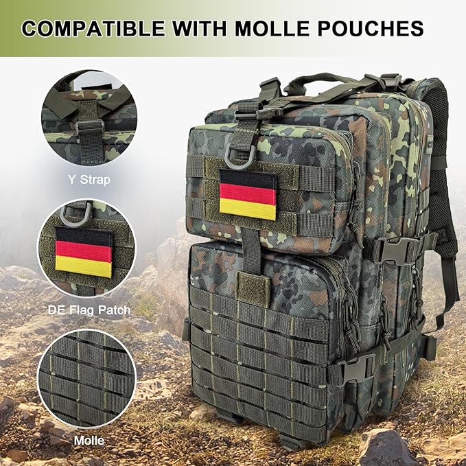 Hannibal Tactical MOLLE Assault Backpack, Tactical Backpack Military Army Camping Rucksack, 3-Day Pack Trip w/USA Flag Patch, D-Rings, Flecktarn