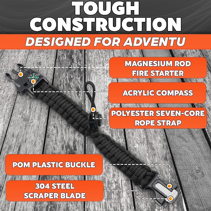 Paracord Bracelets for Men and Women – Adjustable Survival Paracord Bracelet with 10 ft Nylon Survival Cord, Flint Fire Starter, Compass, Whistle & Scraper – Gear for Camping, Hiking, Fishing & Travel