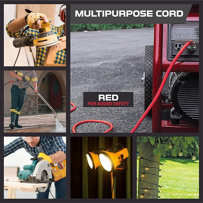 Iron Forge Cable 10 ft Lighted Outdoor Extension Cord - 12/3 SJTW Red 10 ft Extension Cord Heavy Duty with 3 Prong 15 AMP Grounded Plug for Safety