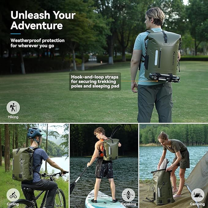 MARCHWAY Roll Top Waterproof Backpack, Floating Dry Bag 20L/30L/45L with Ergonomic Rectangular Base, Cushioned Back, Hip Strap for Hiking Camping Kayaking Travel (Army Green, 45L)