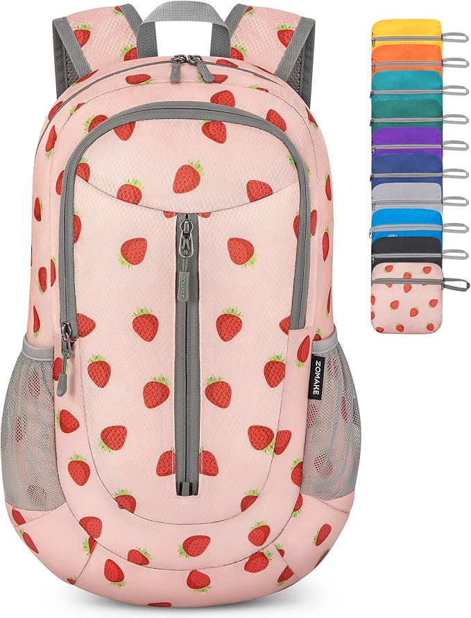 ZOMAKE Ultra Lightweight Packable Backpack 25L - Foldable Hiking Backpacks Water Resistant Small Folding Daypack for Travel(Strawberry print)