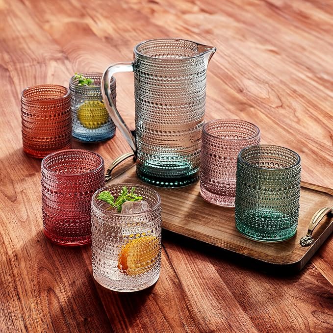 Khen Hobnail Beaded Pitcher & Tumbler Glasses Set | Set of 6 Glasses & Carafe| Vintage 11 OZ Lowball & 2.4 Litter Glass Muted Bubble Design, Old-Fashioned, Embossed Design - Water, Wine, Cocktail