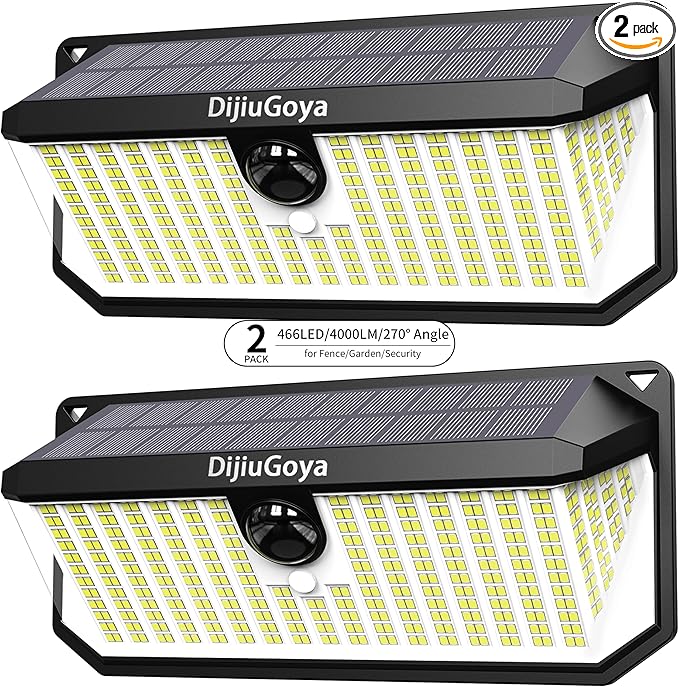 Solar Security Lights Outdoor, 466 LED 4000Lm Ultra Bright, 270° Wide Motion Sensor, IP68 Waterproof, 3 Modes Dusk-to-Dawn Solar Flood Light for Driveway Fence Garden Garage, 2-Pack