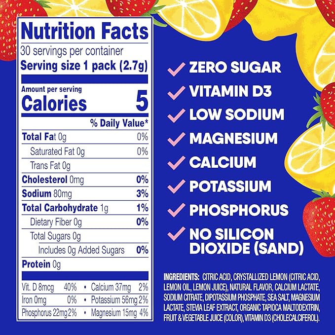 GoHydrate Low Sodium Electrolytes Powder Packets Sugar Free - Instant Hydration Daily Drink Mix - Zero Sugar Water Flavor Packet Singles with Vitamin D - (Strawberry Lemonade, 30 Packs)