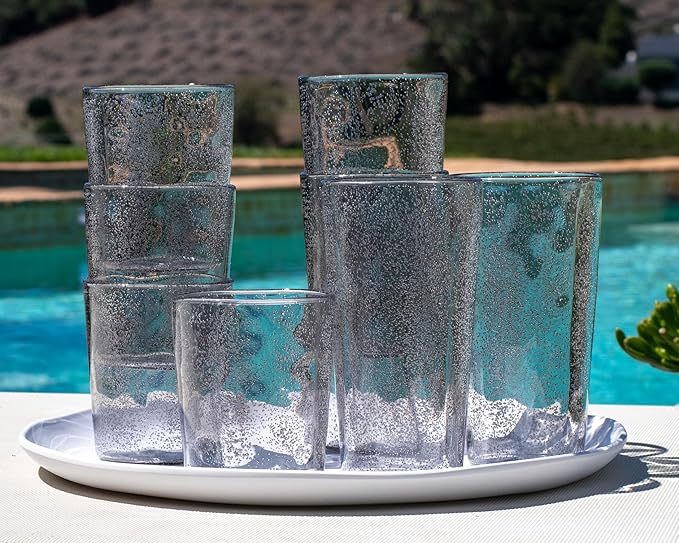 Fizz Bubbles Durable Acrylic 8-Piece Indoor/Outdoor Drinkware Set with Four 24 oz Jumbo and Four 17 oz Double Old Fashioned Glasses, Shatter-Resistant and Dishwasher-Safe - Grey