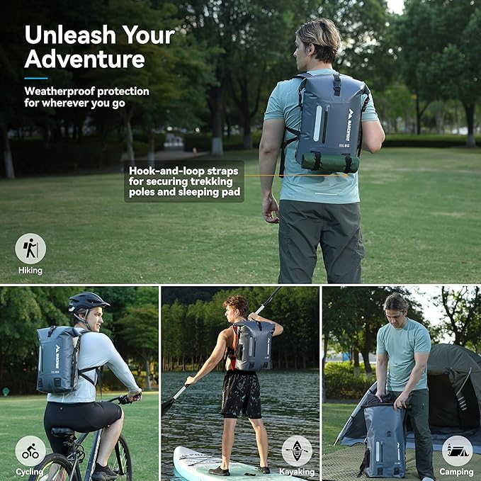 MARCHWAY Roll Top Waterproof Backpack, Floating Dry Bag 20L/30L/45L with Ergonomic Rectangular Base, Cushioned Back, Hip Strap for Hiking Camping Kayaking Travel (Grey, 30L)
