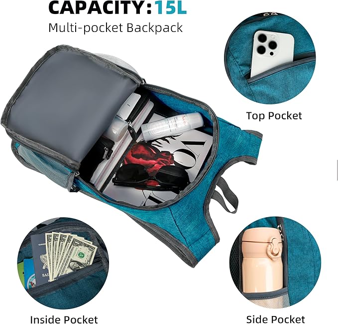 Xgunion Hiking Backpack 10L Small Travel Lightweight Daypack Foldable Hiking Packable Camping Hiking Backpacks for Women Men (Teal Blue)