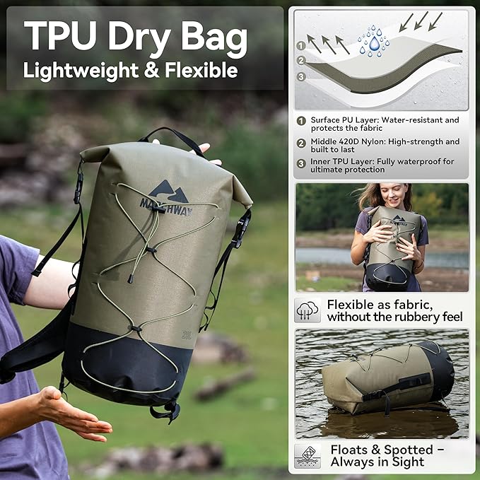 MARCHWAY Floating Roll Top Dry Bag, Flexible Lightweight TPU Waterproof Backpack 20L/30L/40L with Padded Straps for Boating, Kayaking, Swimming, Hiking, Beach (Green, 40L)