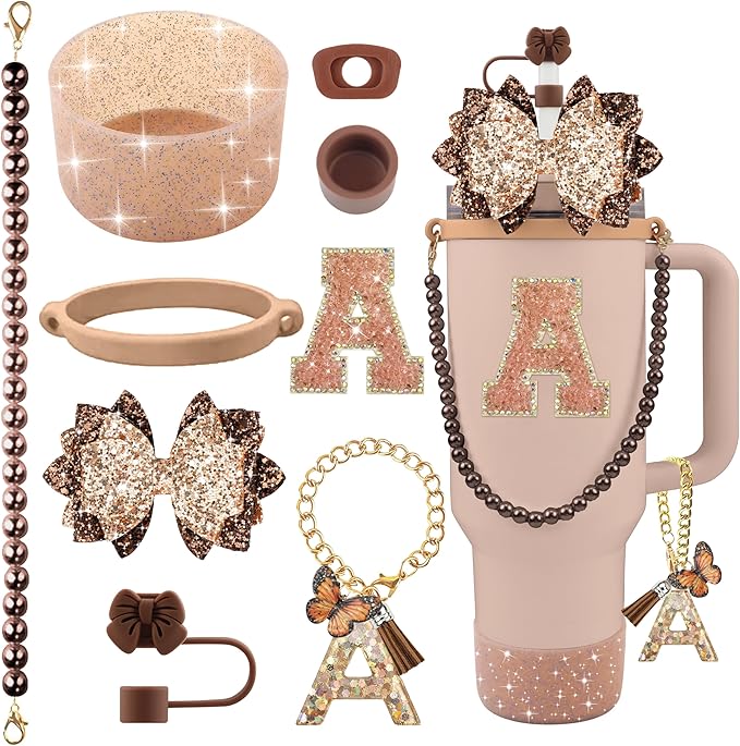 9PCS Brown for Stanley Cup Accessories Set Bling Initials Bow Charms for Stanley Decorations 30/40 Oz Tumbler Accessories Including Bow Straw Topper, Handle Strap, Spill Stopper（Letter A）