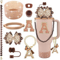 9PCS Brown for Stanley Cup Accessories Set Bling Initials Bow Charms for Stanley Decorations 30/40 Oz Tumbler Accessories Including Bow Straw Topper, Handle Strap, Spill Stopper（Letter A）