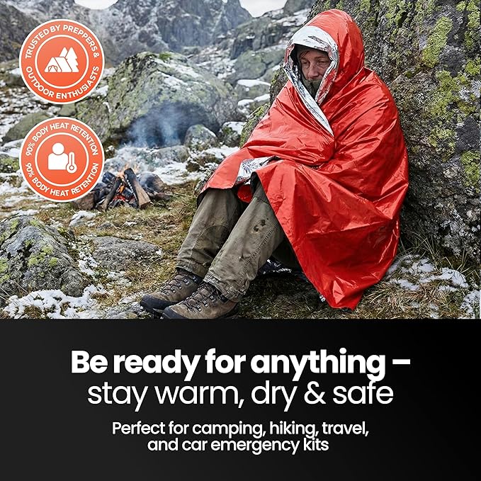Wallaby 4-Pack Emergency Mylar Ponchos – Universal Fit Thermal Poncho with 90%+ Heat Retention,