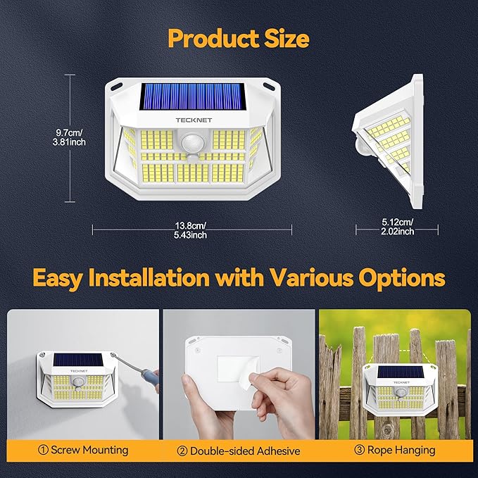 TECKNET 231 LED Solar Motion Lights Outdoor Waterproof, 6 Pack 300° Angle & 3 Lighting Modes PIR Motion Sensor Security Solar Wall Lights IP65 for Fence Front Door Yard Deck Garden Garage