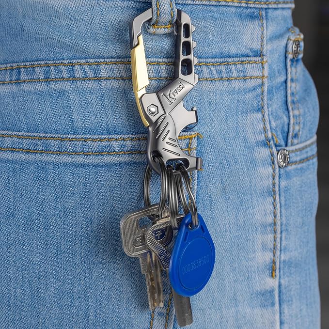 Kivssi Heavy duty metal keychains, Carabiner clip Car key chains,Fashion family keychain bottle opener and 3 Key Rings suitable for men and women.(Gold-2pcs