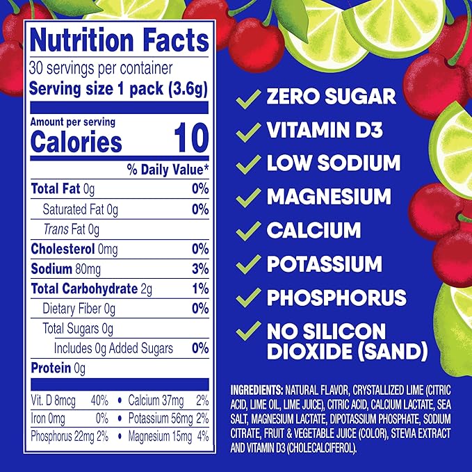 GoHydrate Low Sodium Electrolytes Powder Packets Sugar Free - Instant Hydration Daily Drink Mix - Zero Sugar Water Flavor Packet Singles with Vitamin D - (Cherry Limeade, 30 Packs)