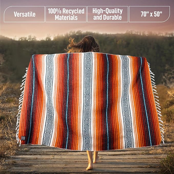 Authentic Large Handwoven Mexican Blanket - Soft Yoga- Durable Serape- Lightweight Falsa, Beach, Camping, Picnic, Outdoor Blanket 70"x50" - Orange Gold