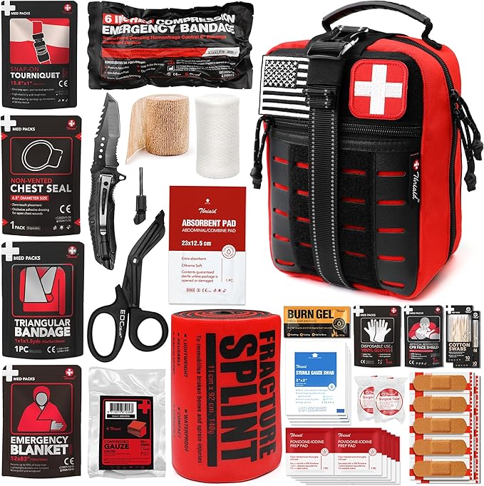 Survival First Aid Kit with Israeli Bandage, Chest Seal, Tourniquet, Splint, Tactical Military Combat Molle IFAK for Wound Care, Bleeding Control, Trauma Hemorrhage and More (Red)