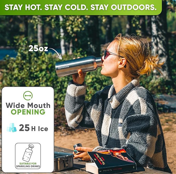 Blockhütte Vacuum Insulated Stainless Steel Water Bottle - 25 oz I Wide Mouth Metal Bottle for hot and cold drinks I BPA-Free I for Travel, School I Kids, Adults, Water Canteen, Sports, flask