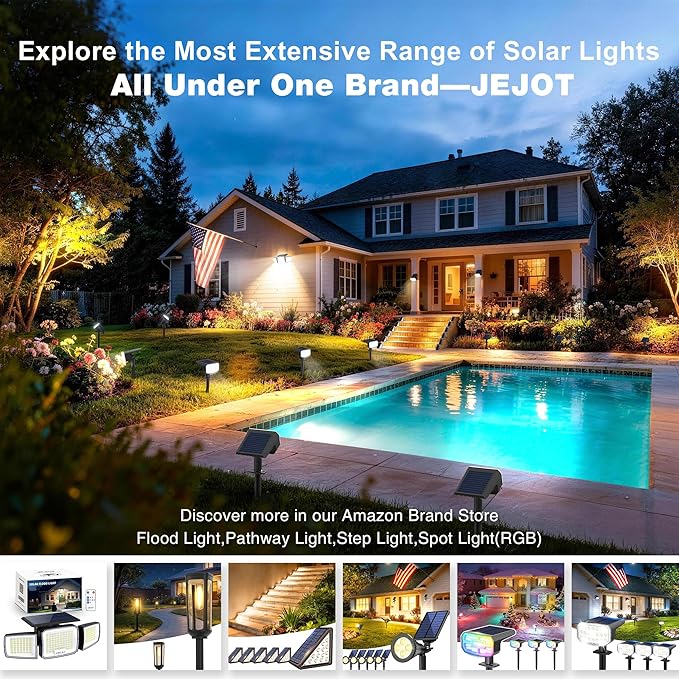 White Solar Security Light Outdoor Super Bright LED, Motion Sensor Flood Light, 3 Heads 270° Wide Angle, Remote Control, IP65 Waterproof, 3 Modes (2 Packs)