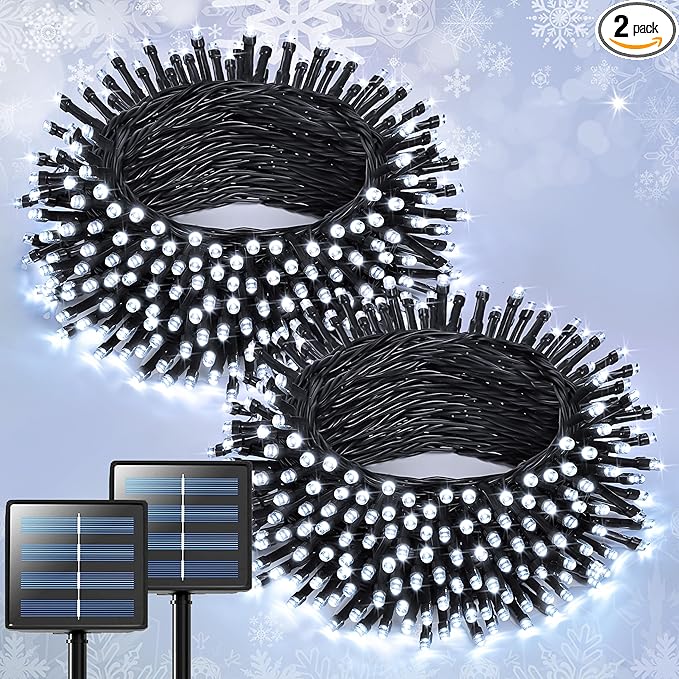 JMEXSUSS 2 Pack Solar String Lights Outdoor Waterproof, Total 400 LED 151FT Solar Christmas Lights Outdoor, 8 Modes Christmas Light for Outside Patio Yard Tree Decorations, White