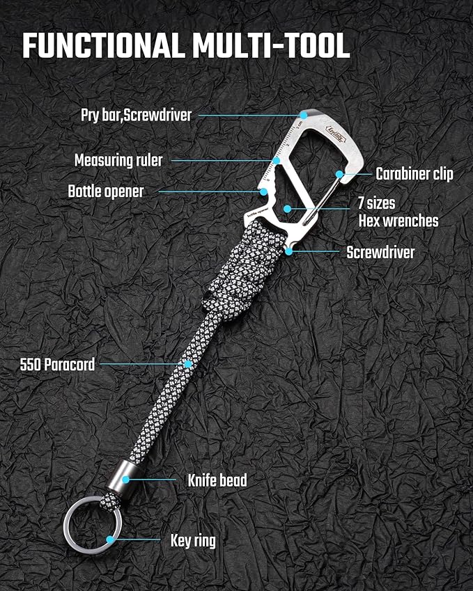 KeyUnity KC04 Paracord Keychain Carabiner Clip, Braided Lanyard with Stainless Steel Key Ring and Bead for Hanging Bottles