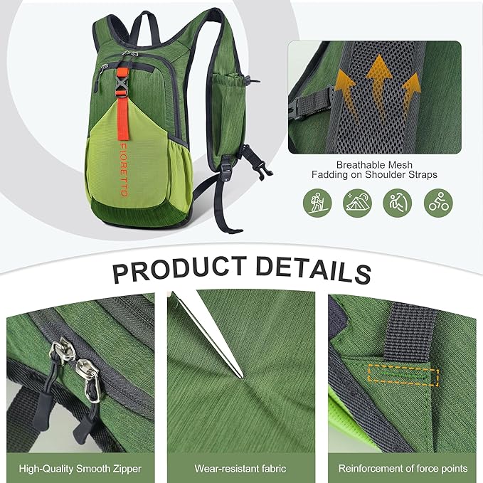 FIORETTO 10L Lightweight Packable Hiking Backpack Small Foldable Daypack for Women Men Compact Travel Backpack for Camping & Outdoor, Green