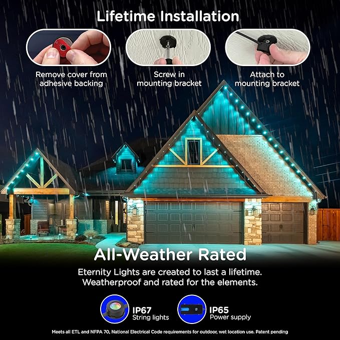 Enbrighten Vibe Eternity Permanent Outdoor Lights for House, 100 Feet, 72 RGBWIC LEDs, Close Spacing, 33lm, Color Changing, Christmas, Eave Lighting, Smart App, Works with Alexa, Google Home, 82730