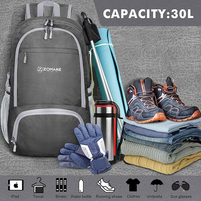 ZOMAKE Lightweight Packable Backpack 30L, Foldable Hiking Backpacks Water Resistant Compact Folding Daypack for Travel(Dimgray)