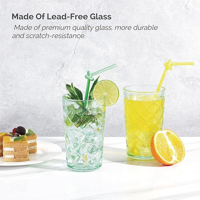CREATIVELAND Drinking Highball Glasses Set of 4, Vintage Cross Hatch Glass Cups, 15.5oz Tall Drinking Water Glasses, Dishwasher Safe Green Glass Tumbler Glassware for Water, Juice, Cocktail, Coffee