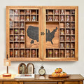 Large Map Shot Glass Display Case 60 Slots with Door, 34 x 26''Rustic Brown Wood Holder for 2 Different Size Shot Glasses (US Map-with Acrylic Glass Door, Pedestal)