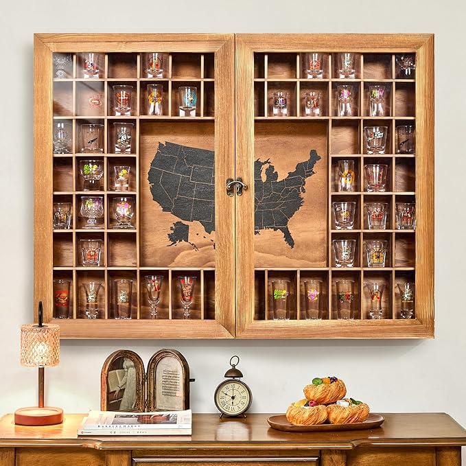Large Map Shot Glass Display Case 60 Slots with Door, 34 x 26''Rustic Brown Wood Holder for 2 Different Size Shot Glasses (US Map-with Acrylic Glass Door, Pedestal)