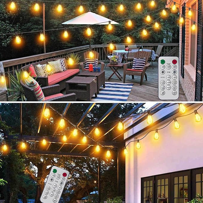 BLIATLUS 60FT Solar String Lights Outdoor Waterproof with Remote Control Solar Patio Lights 15+2 shatterproof LED Bulbs for Porch Garden Market Bistro Patio Backyard Fence