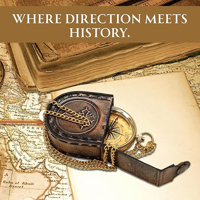 Handmade Brass Antique Compass with Leather Case – Vintage Finish Functional Pocket Navigation Tool for Travel, Hiking & Gift