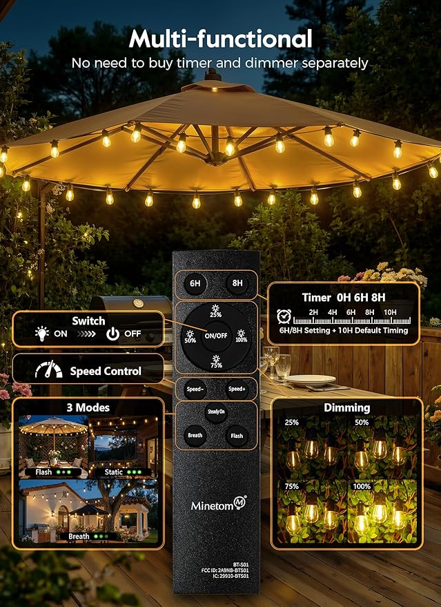 Minetom 34FT Solar String Lights Outdoor Waterproof, 9 LED S14 Shatterproof Bulb, Patio Lights with Remote Type-C Port Timable, 3 Light Modes Dimmable Solar String Lights for Outside, Yard, Camping