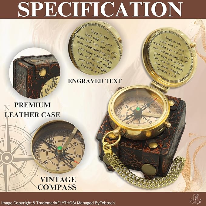Handmade Brass Antique Compass with Leather Case – Vintage Finish Functional Pocket Navigation Tool for Travel, Hiking & Gift