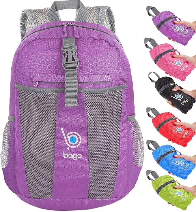 Bago Lightweight Small Hiking Backpack for Women and Men - 25L Travel Day Pack - Foldable Hiking Daypack Ultralight for Camping Outdoor Sports - Day Bag Packable Backpack for Travel (Purple)