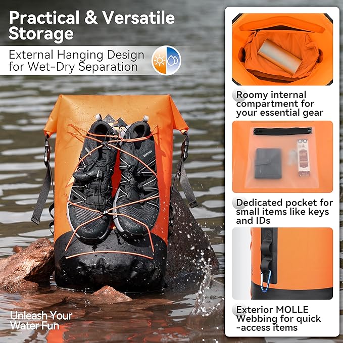 MARCHWAY Floating Roll Top Dry Bag, Flexible Lightweight TPU Waterproof Backpack 20L/30L/40L with Padded Straps for Boating, Kayaking, Swimming, Hiking, Beach (Orange, 40L)