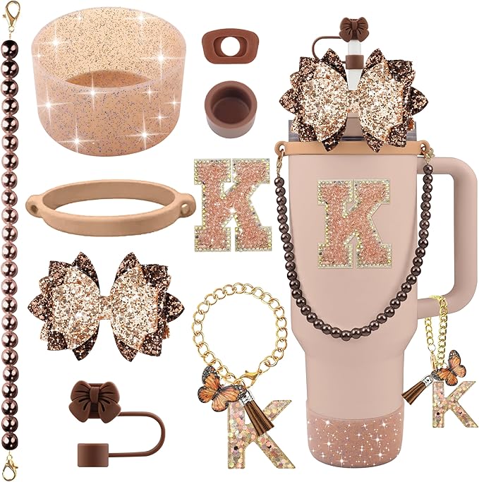 9PCS Brown for Stanley Cup Accessories Set Bling Initials Bow Charms for Stanley Decorations 30/40 Oz Tumbler Accessories Including Bow Straw Topper, Handle Strap, Spill Stopper（Letter K）