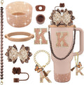 9PCS Brown for Stanley Cup Accessories Set Bling Initials Bow Charms for Stanley Decorations 30/40 Oz Tumbler Accessories Including Bow Straw Topper, Handle Strap, Spill Stopper（Letter K）