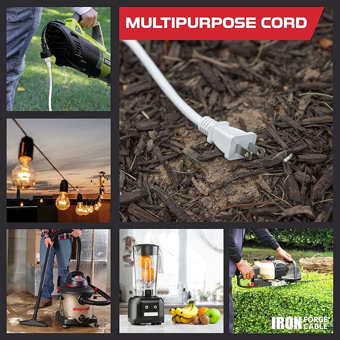 Iron Forge Cable 2 Prong Outdoor Extension Cord 10 ft, 16/2 SJTW 10 Foot White Extension Cord, Weatherproof - Great for Outdoor Lights, Deck, Patio