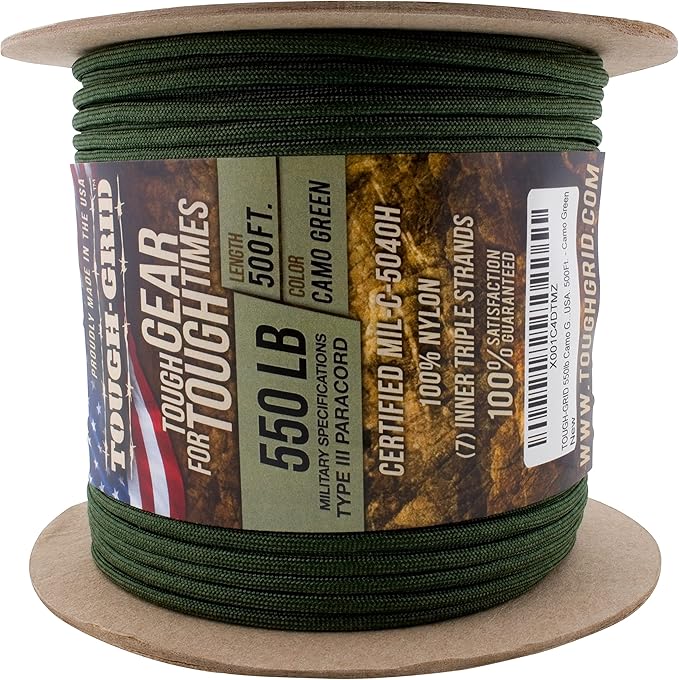 TOUGH-GRID 550 Paracord, Type III Mil-Spec Nylon Rope - 500 Ft Camo Green Tactical Survival Cord