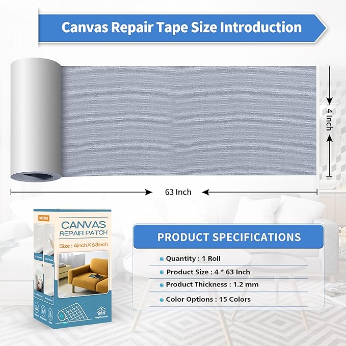 KING MOUNTAIN Canvas Repair Tape,Outdoor Gear Patch, 4×63 Inches,Waterproof,Self-Adhesive for Repairing Boat Covers,Sun Shades,Sofas,Tents,Lounge Chairs,Awnings (Light Grey 2.0)
