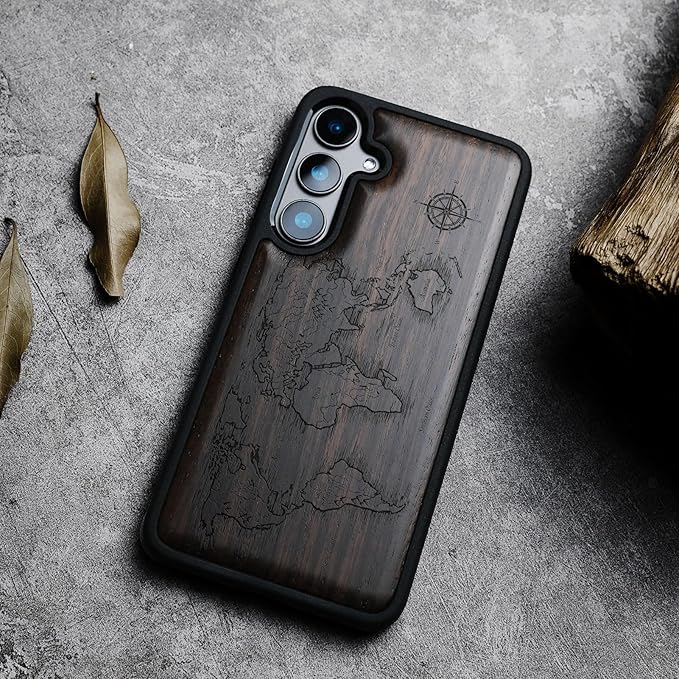 Carveit Wood Case for Galaxy S24 Plus Case [Natural Wood & Black Soft TPU] Shockproof Protective Cover Unique Wooden Design Compatible with S24 Plus (Compass Maps-Blackwood)