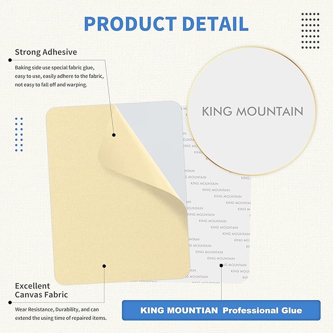 KING MOUNTAIN Canvas Repair Patch 5×8 Inch Self-Adhesive Waterproof Fabric Patch for Sofas, Tents, Furniture,Tote Bags, Car Seats (Beige)