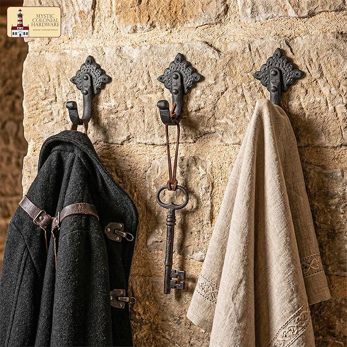 Mystic Colonial Rustic Cast Iron Wall Hooks Heavy Duty Vintage Utility Hooks for Hanging Coats, Towels, Bags, Robes, Hats & More Decorative Wall Mount Hooks, Pack of 10