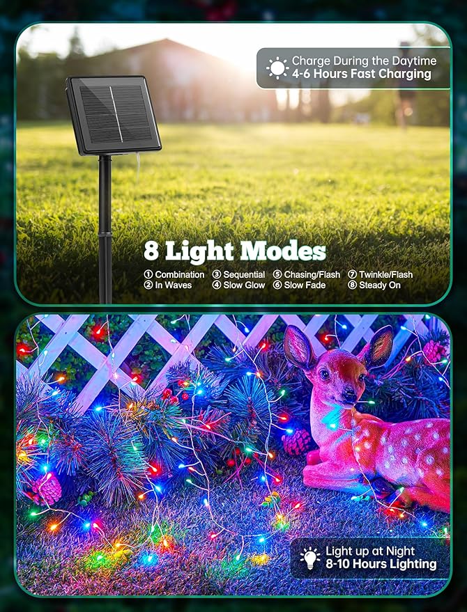 Brightown Solar Lights for Outside, 10Ft 120 LED Solar String Lights Outdoor Waterproof, 8 Modes Firecracker Balcony Light for Tree Patio Christmas Party Wedding Decor, Multicolor