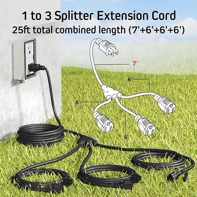 Eversimpleinc Black 1 to 3 Splitter Extension Cord (Combined 25 FT, End to End 13 FT), 3 Prong Plug with 3 Extended Outlets, with Weatherproof Covers for Indoor and Outdoor,16AWG/3C SJTW, ETL Listed
